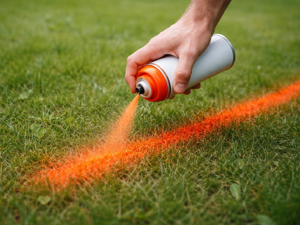 Gros plan sur une main pulvérisant un aérosol de marquage temporaire sur une pelouse, lignes nettes sur l’herbe.