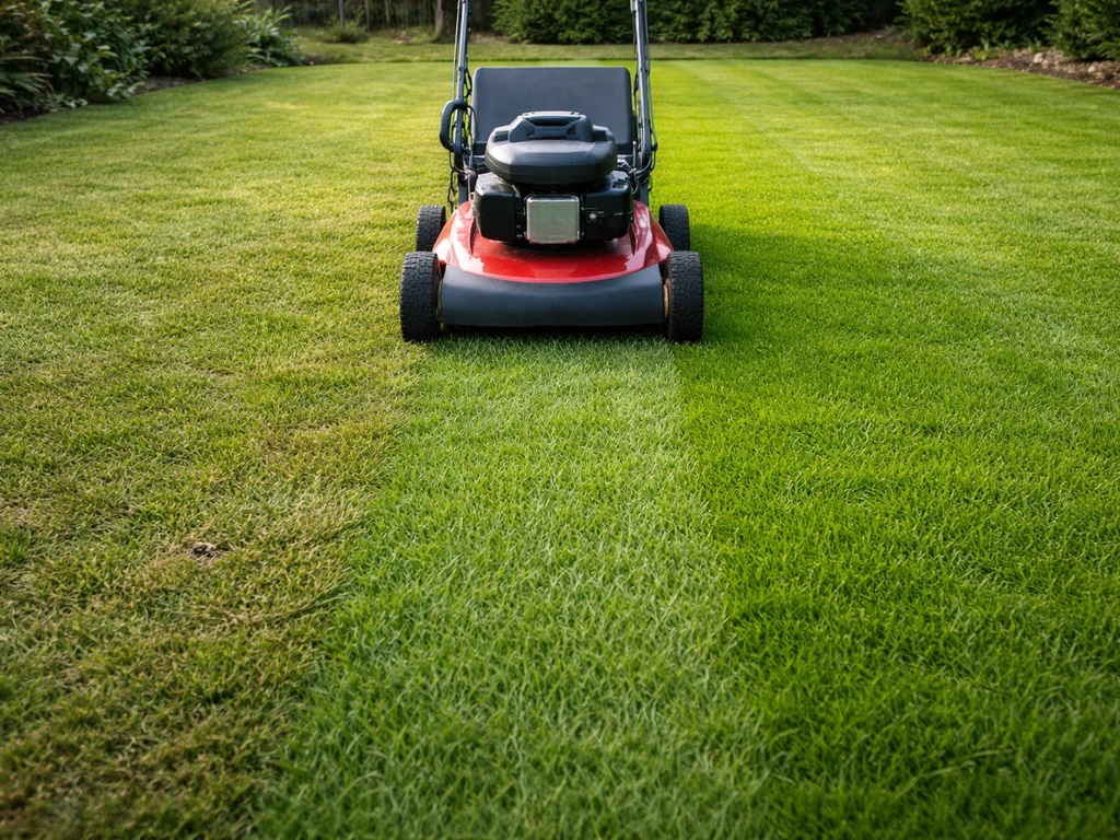 Tondeuse sur une pelouse, zone récemment traitée plus verte et hauteur de tonte homogène.