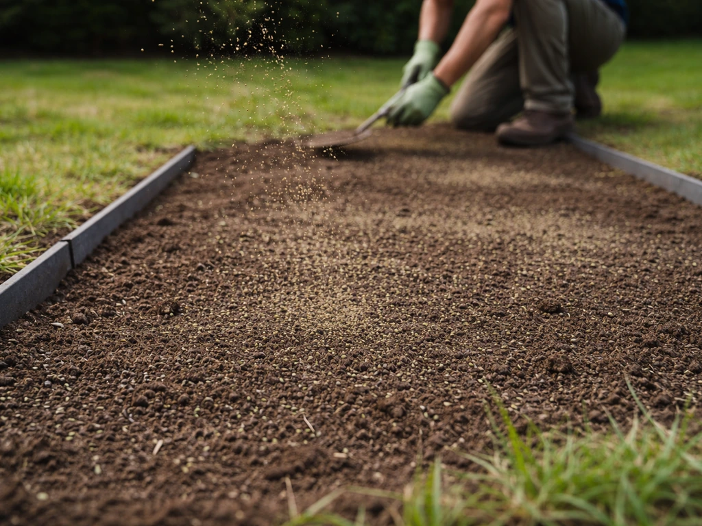 Semis et terreau en cours sur une zone dénudée de jardin, bordures visibles, herbe qui se développe.