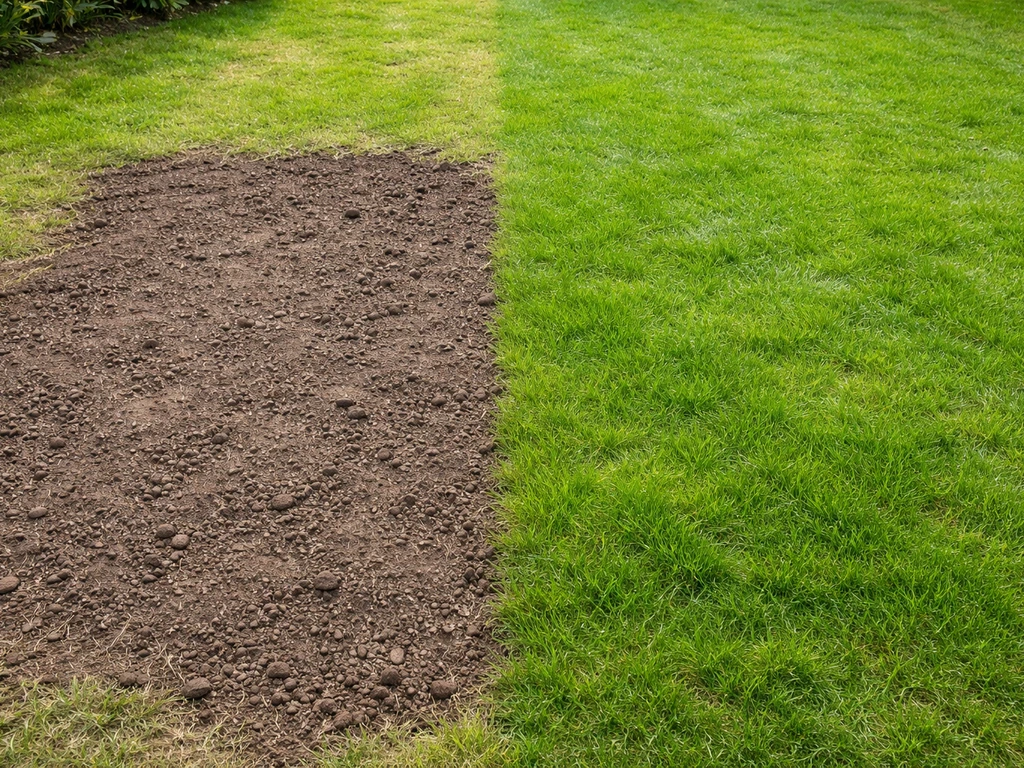 Comparaison photo d’un sol nu terne et d’une pelouse avec brins vivants, rendu inégal vs verdure