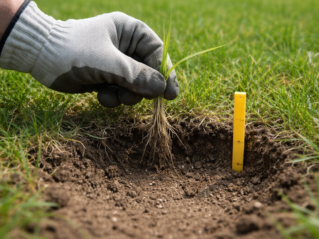 Mains gantées tirant légèrement un brin d’herbe jaune, jauge de profondeur du sol autour de 5 cm visible.