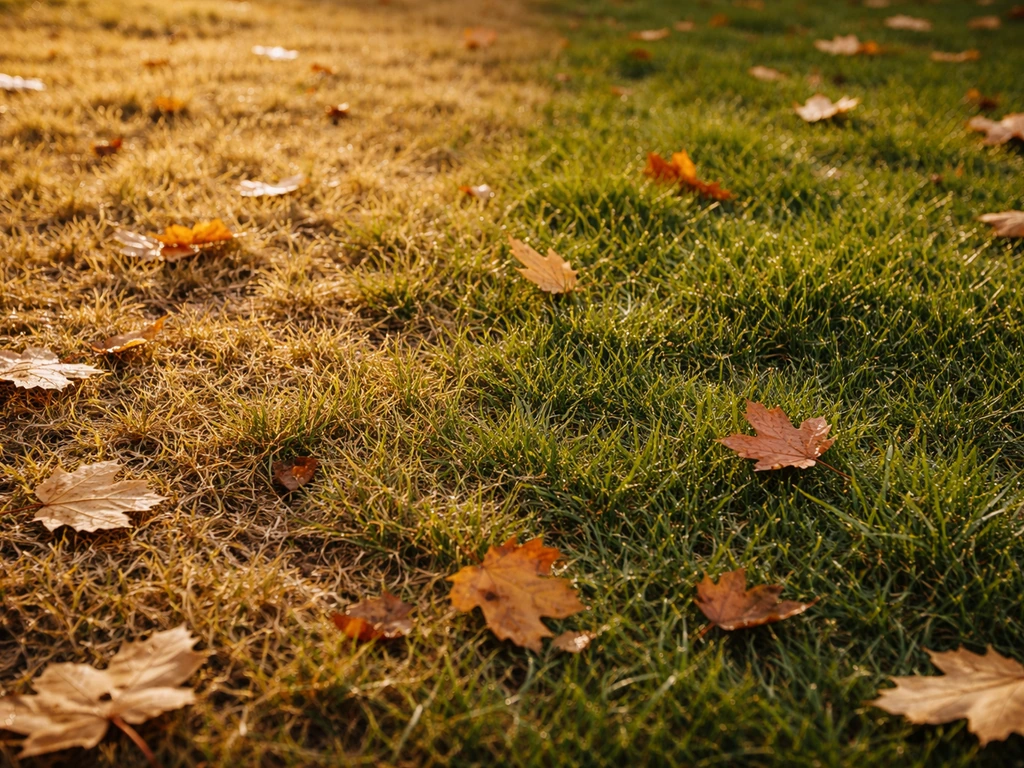 Pelouse d’automne avec zones de gazon jaune et touches vertes, feuilles au sol, lumière dorée et contraste net.