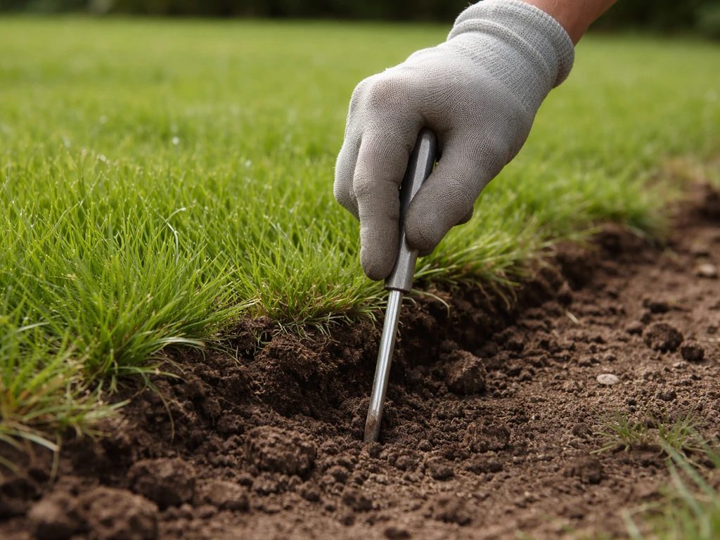 Un tournevis enfoncé dans le sol du jardin près du gazon pour montrer la compacité.