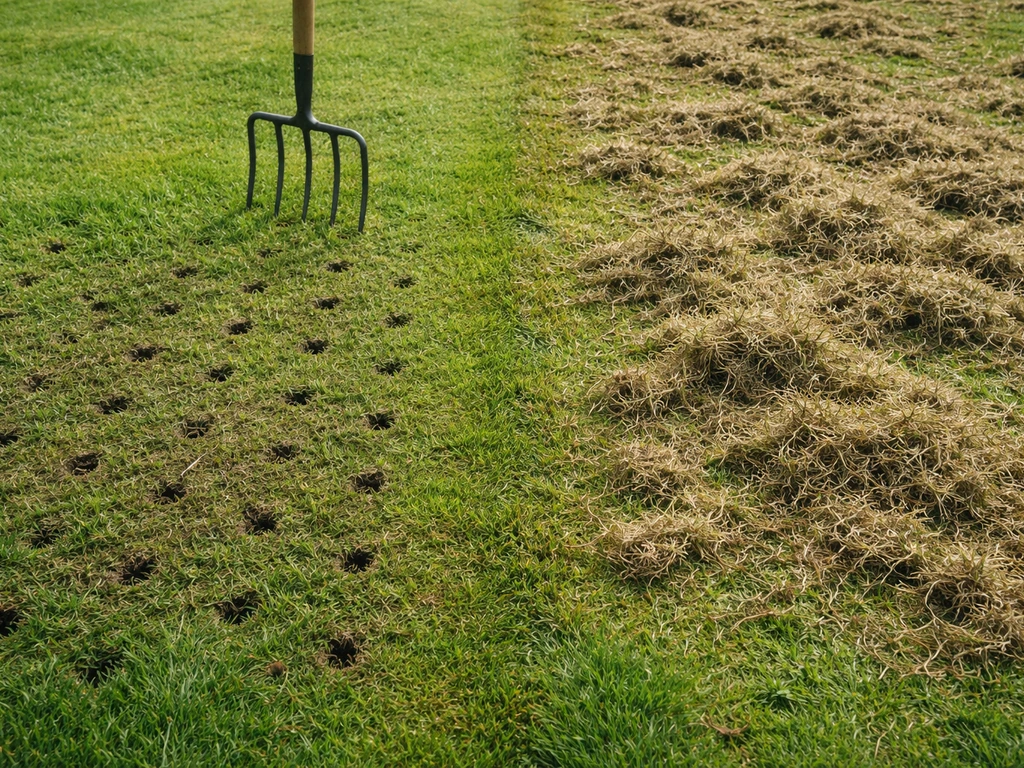 Pelouse en deux zones: trous d’aération à gauche, feutre soulevé par scarification à droite.