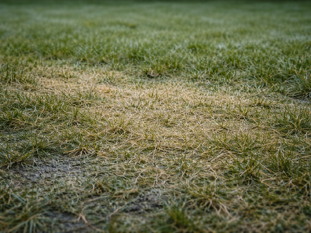 Pelouse d’hiver en France : zone jaunie, brins d’herbe ternis et sol froid, vue proche réaliste.