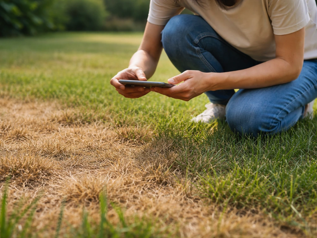 Personne au ras du sol observe la pelouse sèche avec un téléphone, regardant la couleur en plaques.