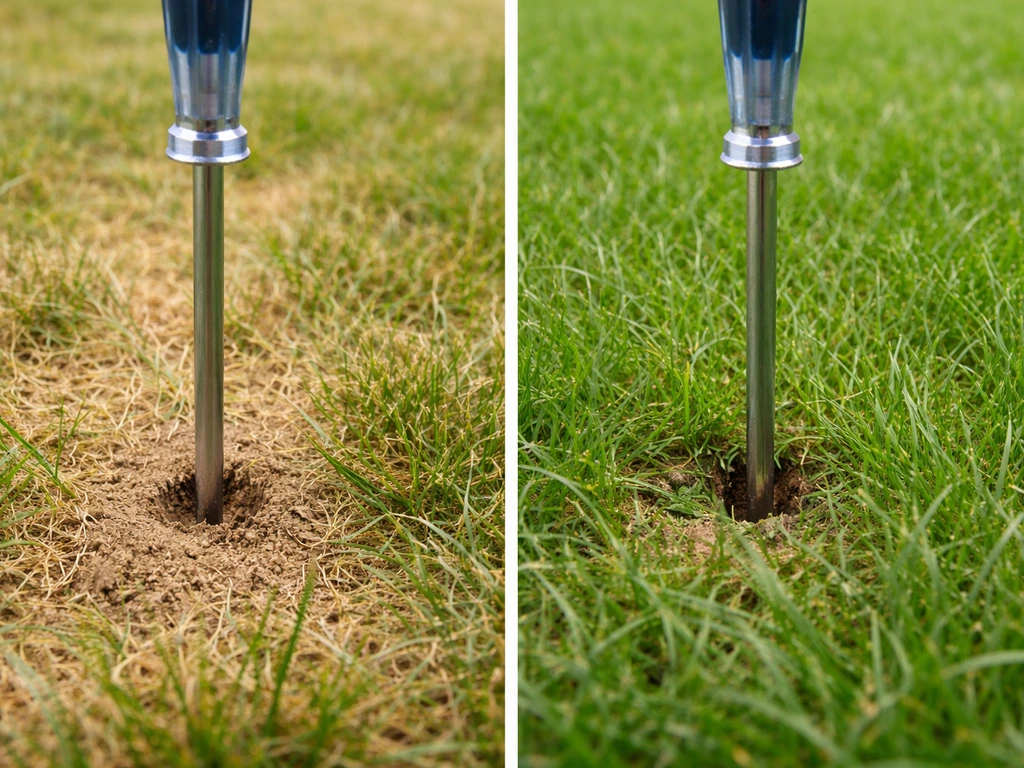 Tournevis enfoncé dans la pelouse, sol meuble versus zone plus compacte, rendu photo réaliste