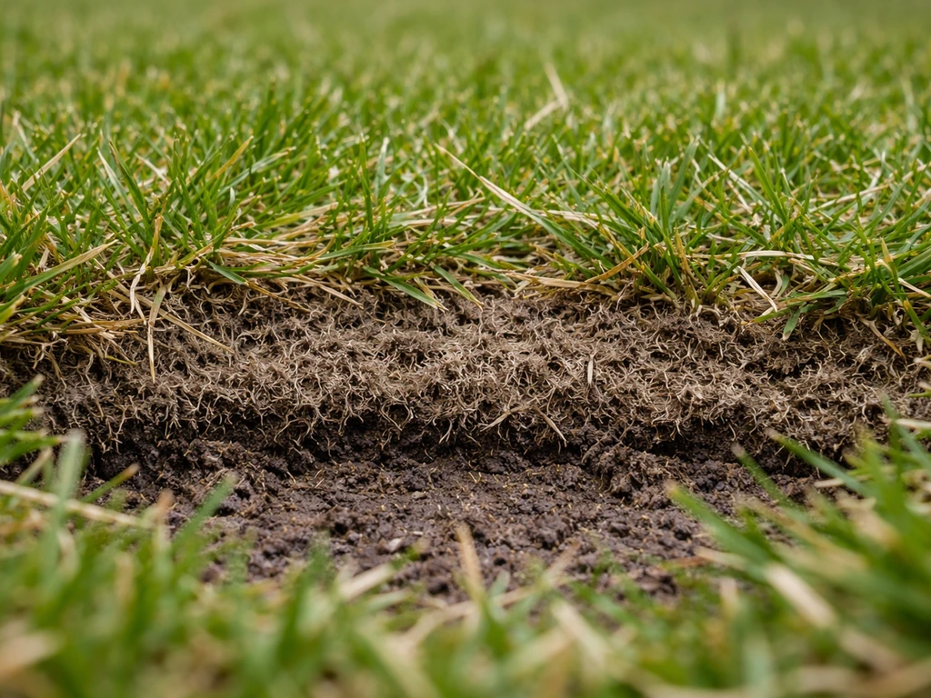 Gros plan d’un sol de pelouse gratté montrant une couche de feutre brun-gris entre les brins