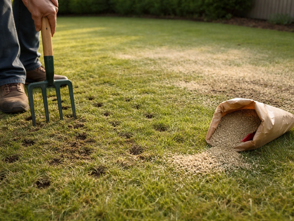 Pelouse en chantier au début du printemps : aération à la fourche et semis, sol uniformément préparé.