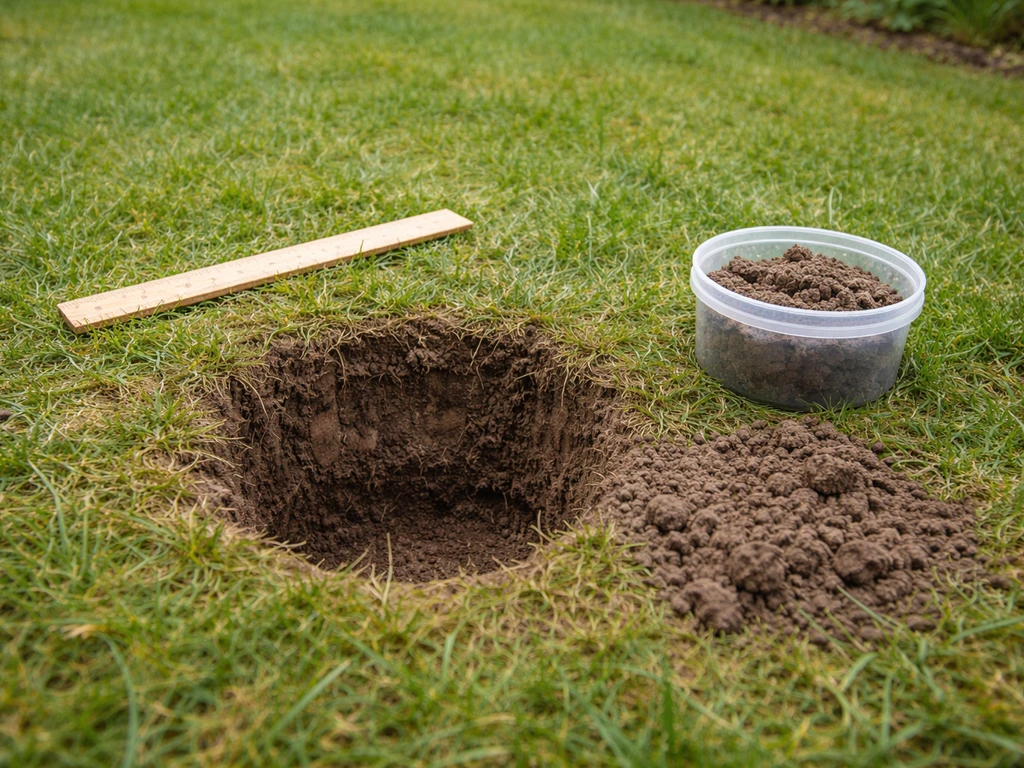 Petit trou d’observation et sol humide sur une pelouse, repères de profondeur discrets pour diagnostiquer le drainage.