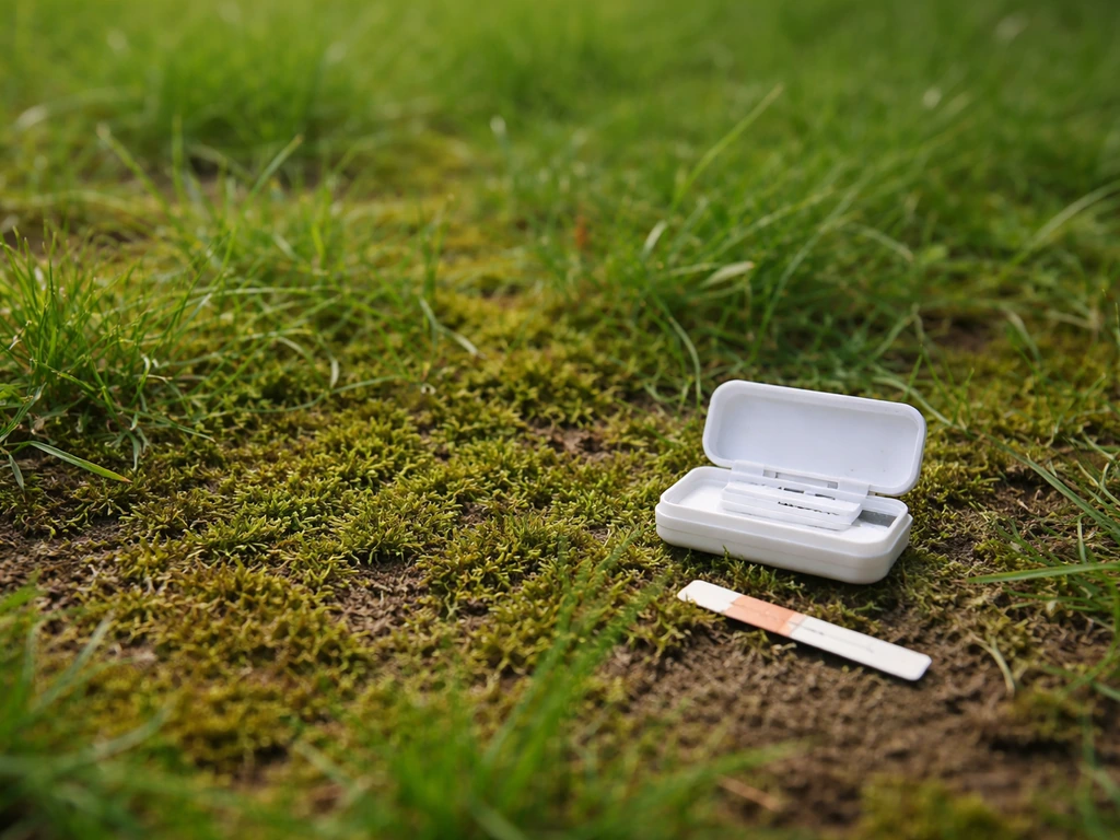 Mousse entre les brins d’herbe, avec bandelette de test de pH posée au sol sur une pelouse.