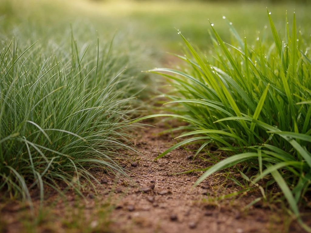Plan rapproché de brins de pelouse rustiques, montrant des textures et teintes de fétuque rouge et ray-grass vivaces.