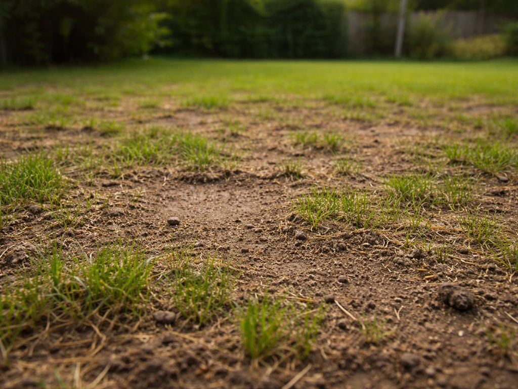 Pelouse fraîchement semée, plaques clairsemées et sol compacté apparent, vue rapprochée jardin.