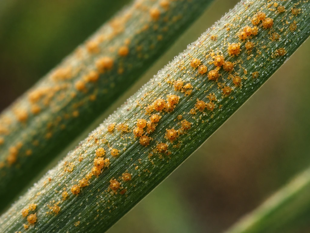 Gros plan de petites pustules orange-brun rouille sur une feuille de gazon.