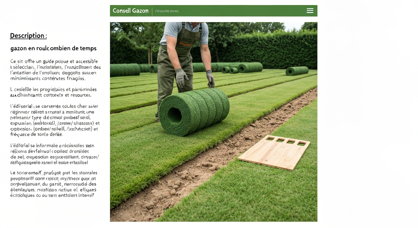 Jardinier posant du gazon en rouleau sur terrain préparé, rouleaux verts déroulés et palette en arrière-plan.