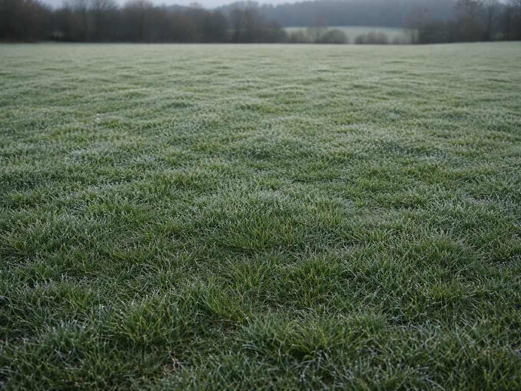 Pelouse dense et uniforme avec légère trace de gel, ambiance froide de Franche-Comté.