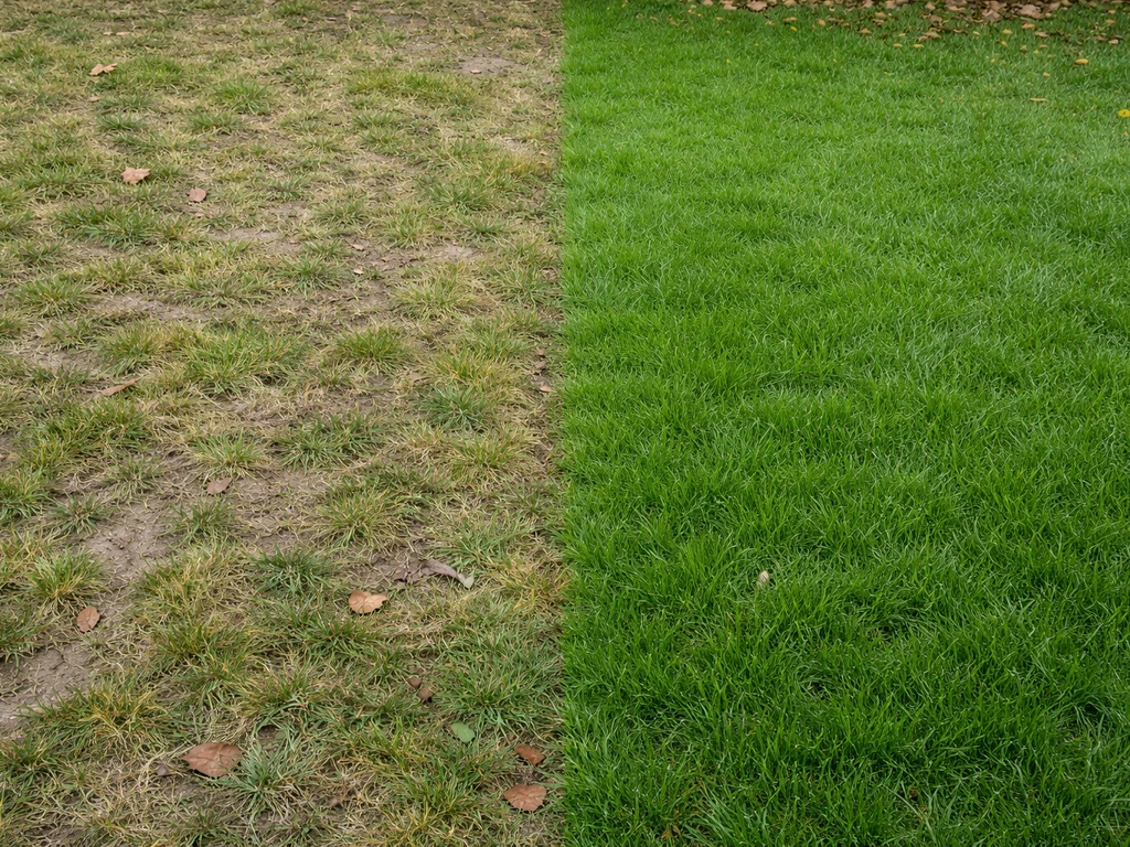 Deux zones de pelouse côte à côte : clairsemée à gauche, rustique et plus dense à droite, après l’hiver.