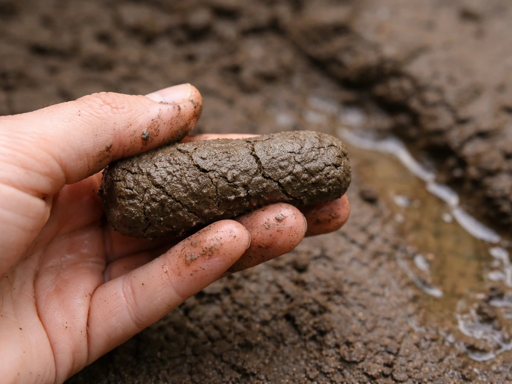 Plan rapproché de terre humide : motte qui se tient en main, texture visible et traces d’écoulement au sol.