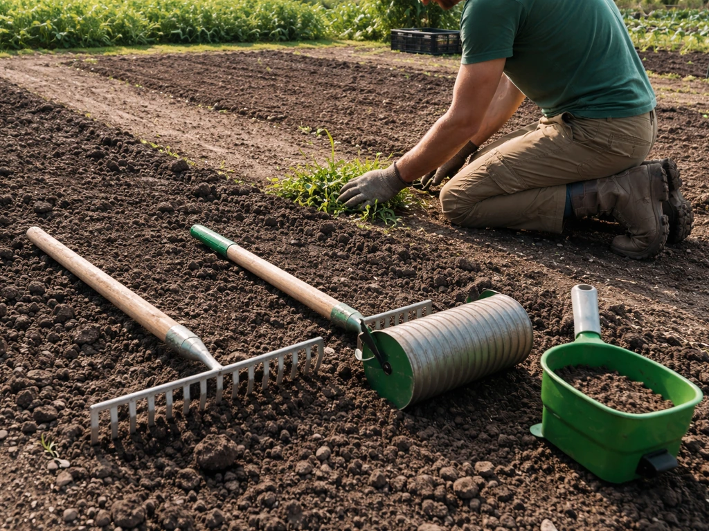 Jardinier prépare la terre pour un semis : désherbage, bêchage puis affinage et nivellement avec outils