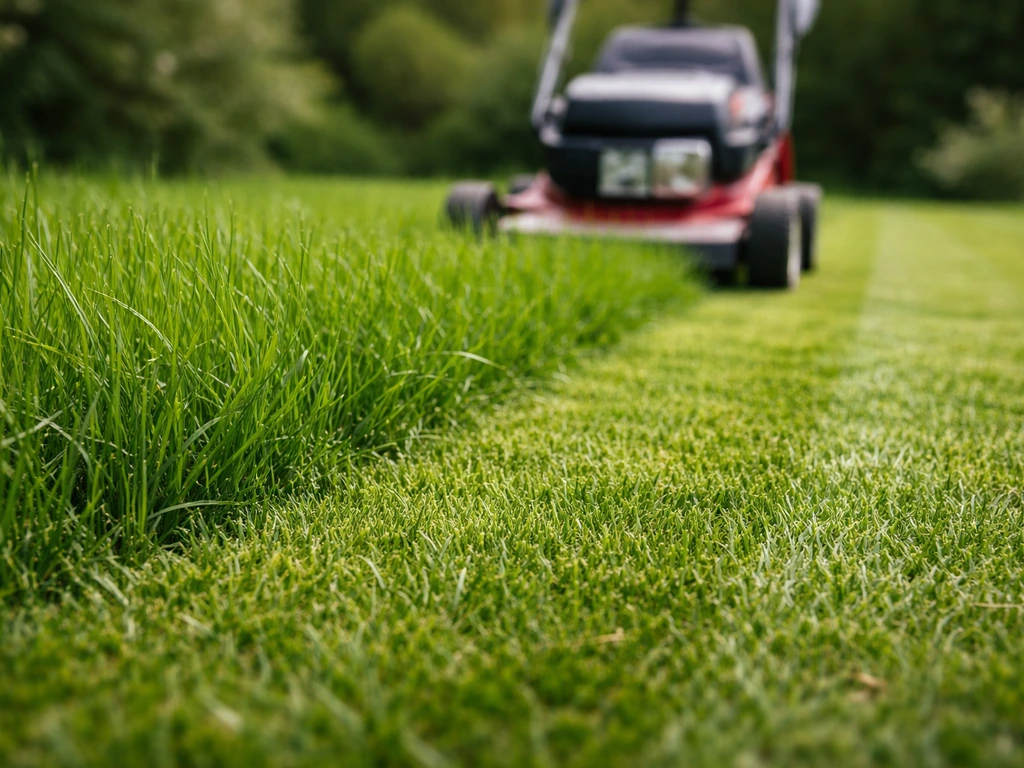 Tondeuse en action sur une pelouse franche-comtoise, hauteur de coupe autour de 5–7 cm, brins d’herbe visibles.