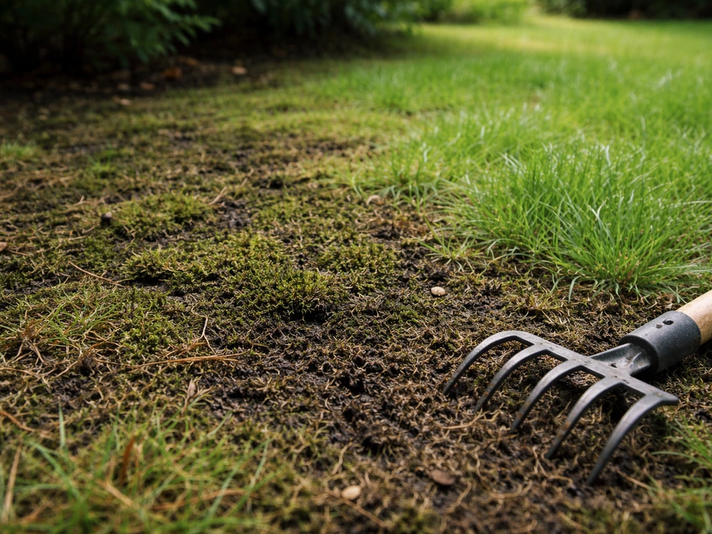 Gazon avec mousse envahissante, feutrage sombre et quelques zones d’herbe plus saine près d’une zone ombragée.