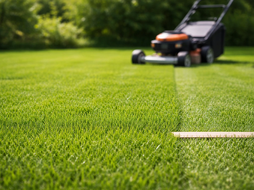 Pelouse fraîchement tondue avec une tondeuse et une règle de jardin discrète pour visualiser la hauteur de coupe.