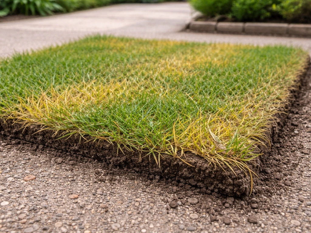 Gazon en rouleau qui jaunit : plaque vert-jaune dans un jardin, vue au ras du sol.