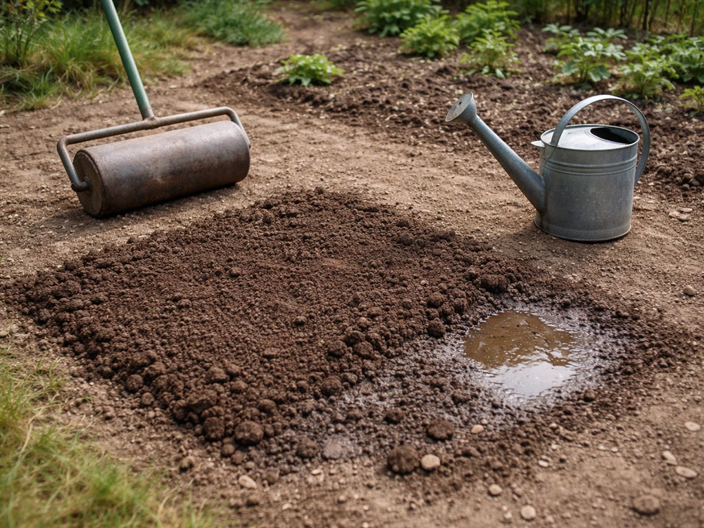 Terre de jardin près d’un rouleau compacteur, légère infiltration d’eau et petite zone stagnante visible.