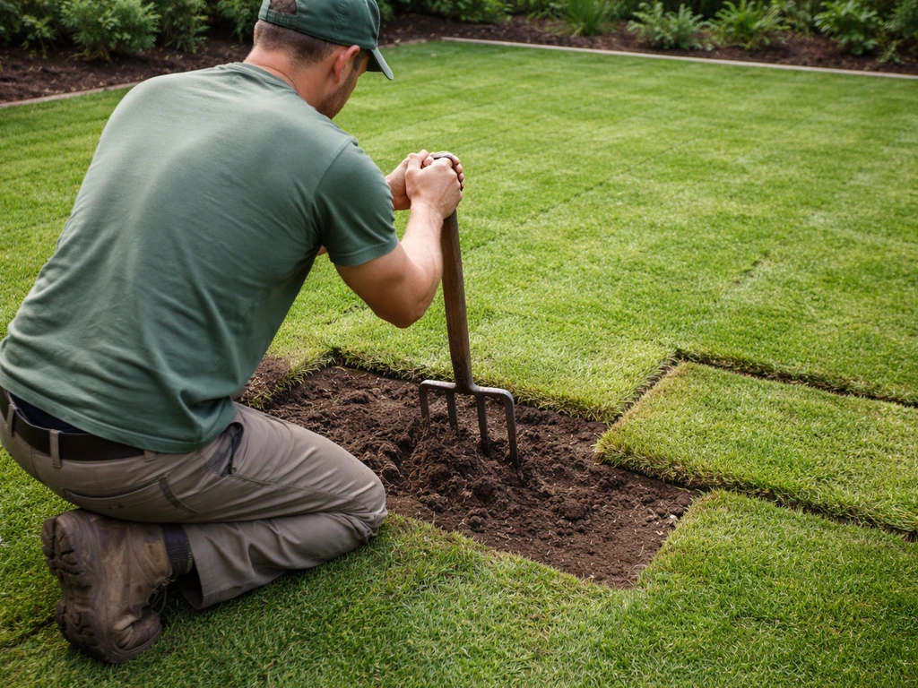 Travailleur jardinier au sol, aérant le gazon en rouleau près d’une reprise verte, outils à la main.