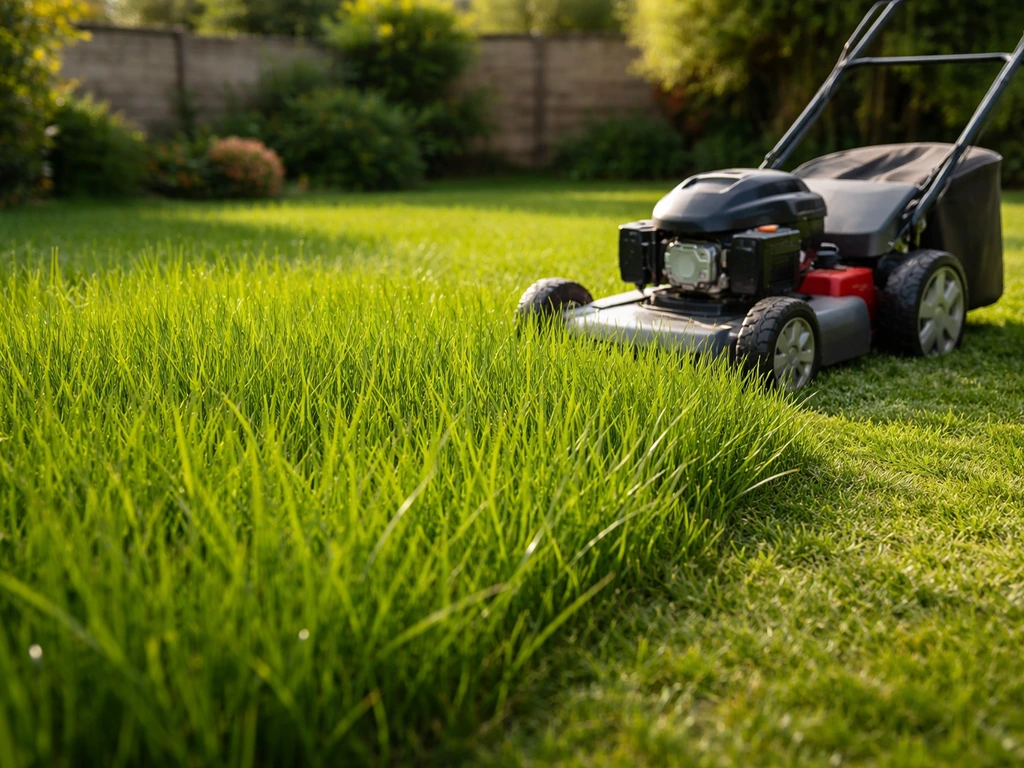 Gazon haut dense et homogène de 5 à 7 cm, tondeuse réglée, jardin français au soleil