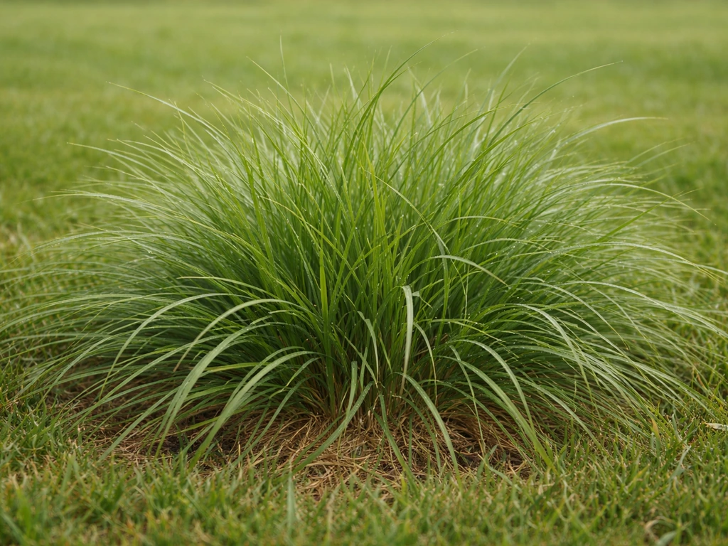 Gros plan de touffes de fétuque élevée, brins d’herbe denses et résistants, pelouse naturelle en lumière du jour.