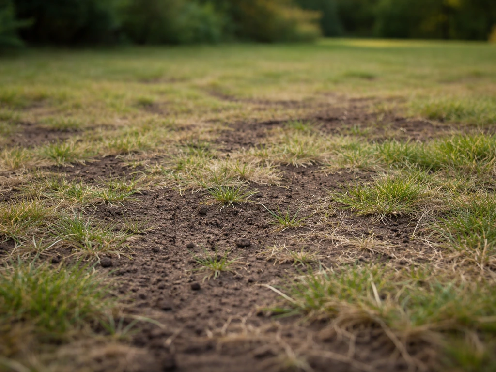 Gazon clairsemé avec zones dénudées et repousse hésitante au premier plan, dans un jardin.