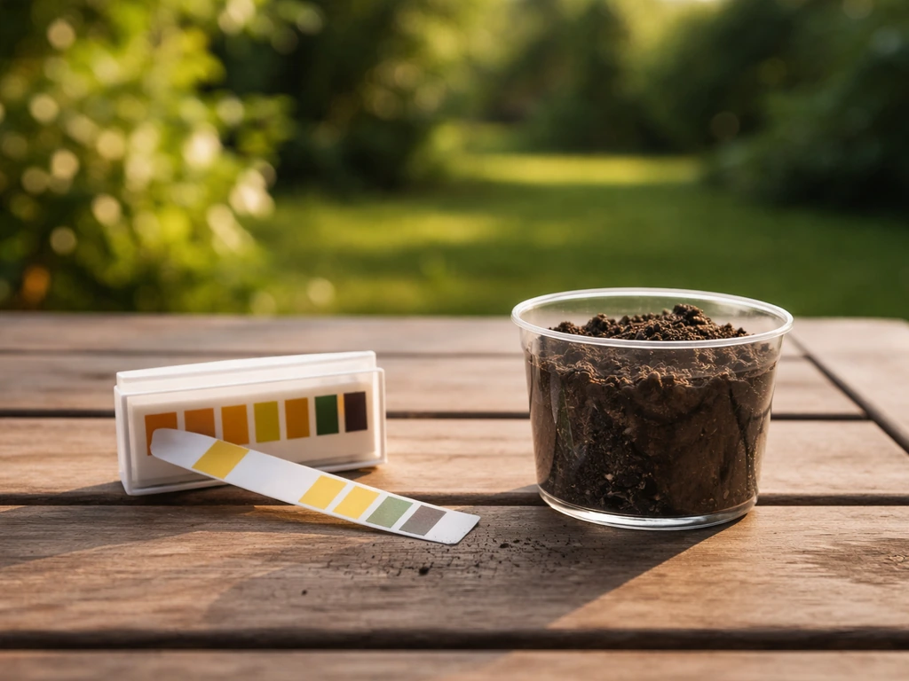 Kit d’analyse de sol avec bandelette de pH et échantillon de terre sur une table de jardin