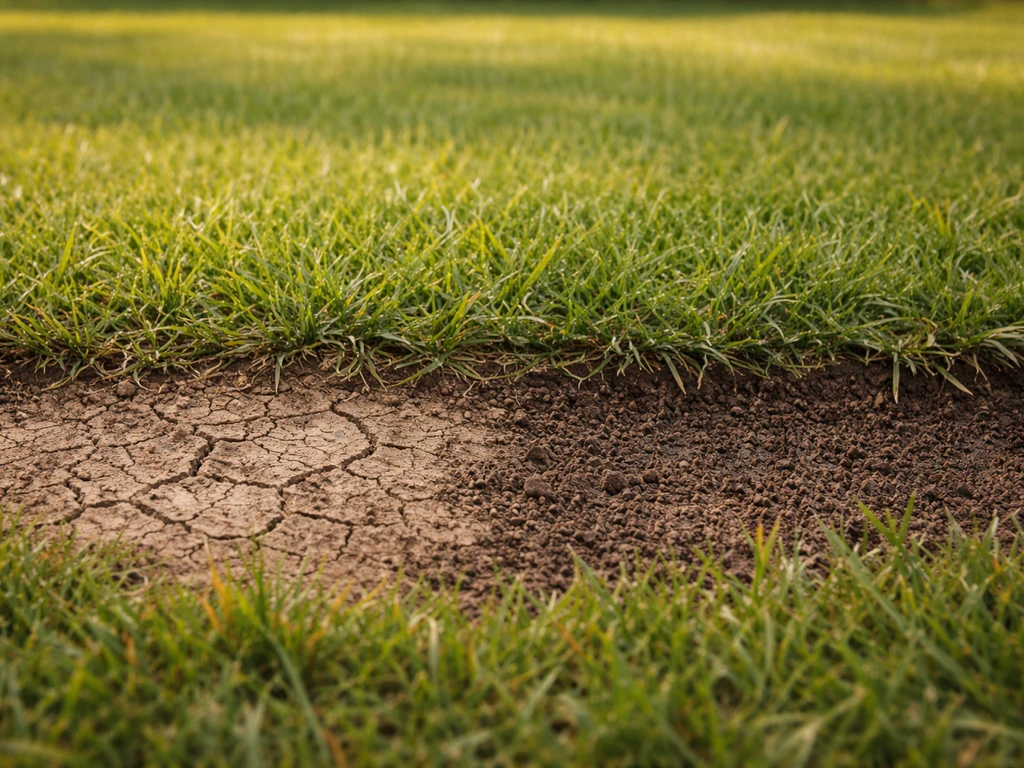 Pelouse montrant deux zones : surface trop sèche après arrosage, et sol plus humide en profondeur à côté.