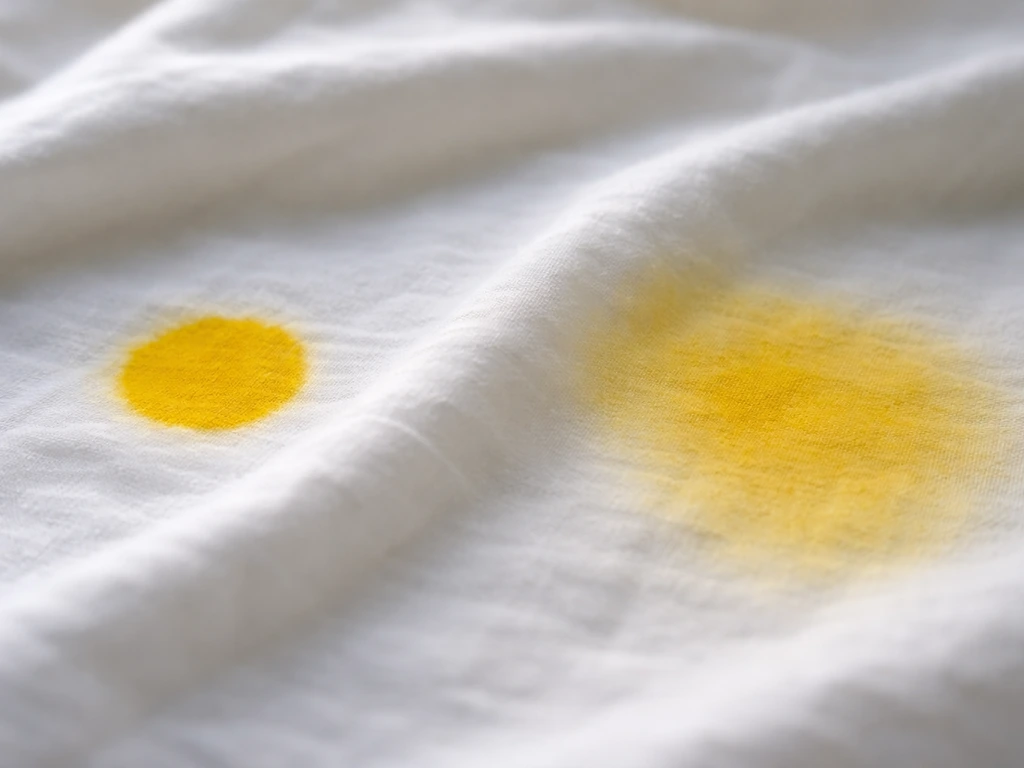 Gros plan sur une tache jaune à bord net et une zone au bord diffus sur un tissu blanc.