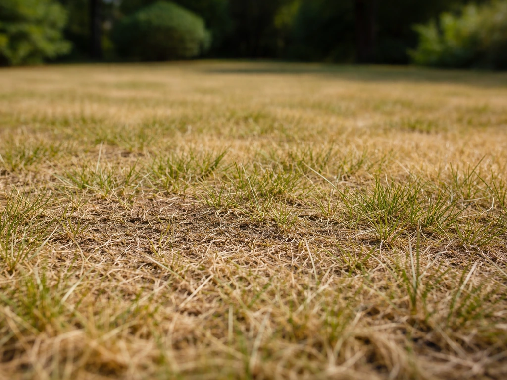 Pelouse en été jaunie, brins rasés et débris végétaux en surface, indiquant tonte trop rase et feutrage