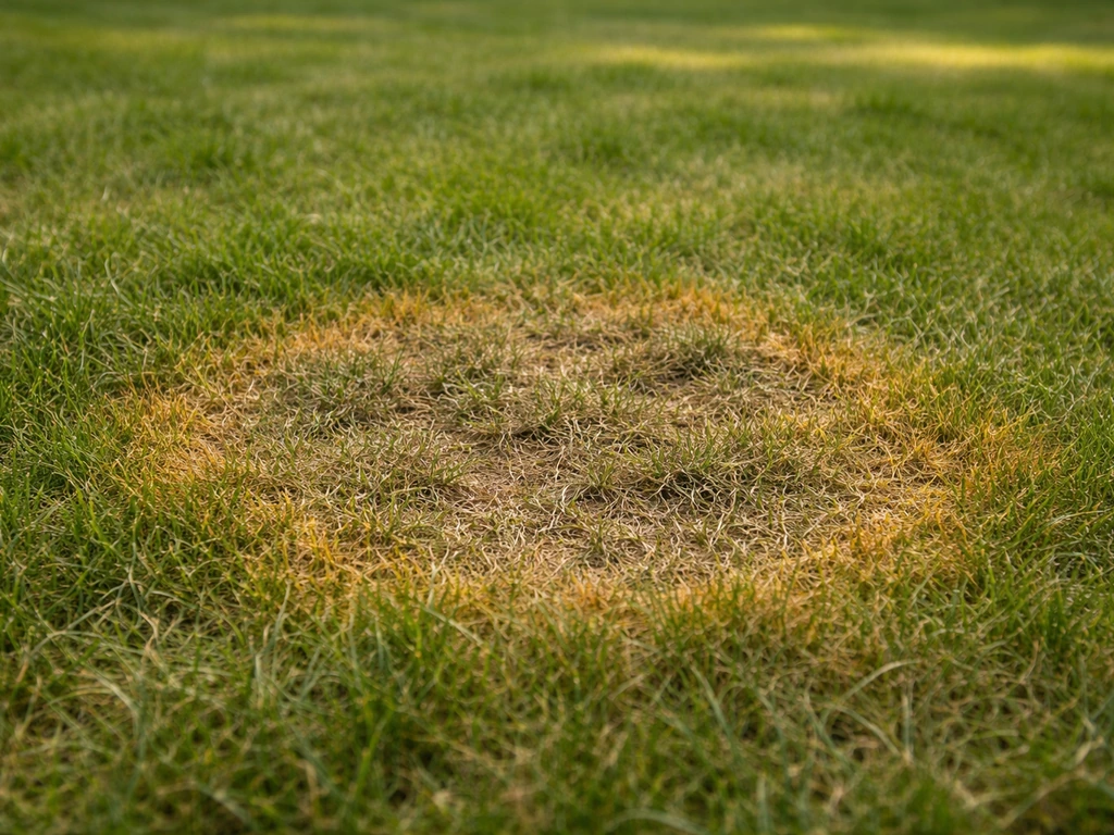 Gros plan sur une pelouse avec taches jaunies circulaires typiques de maladie fongique, vue réaliste au sol.