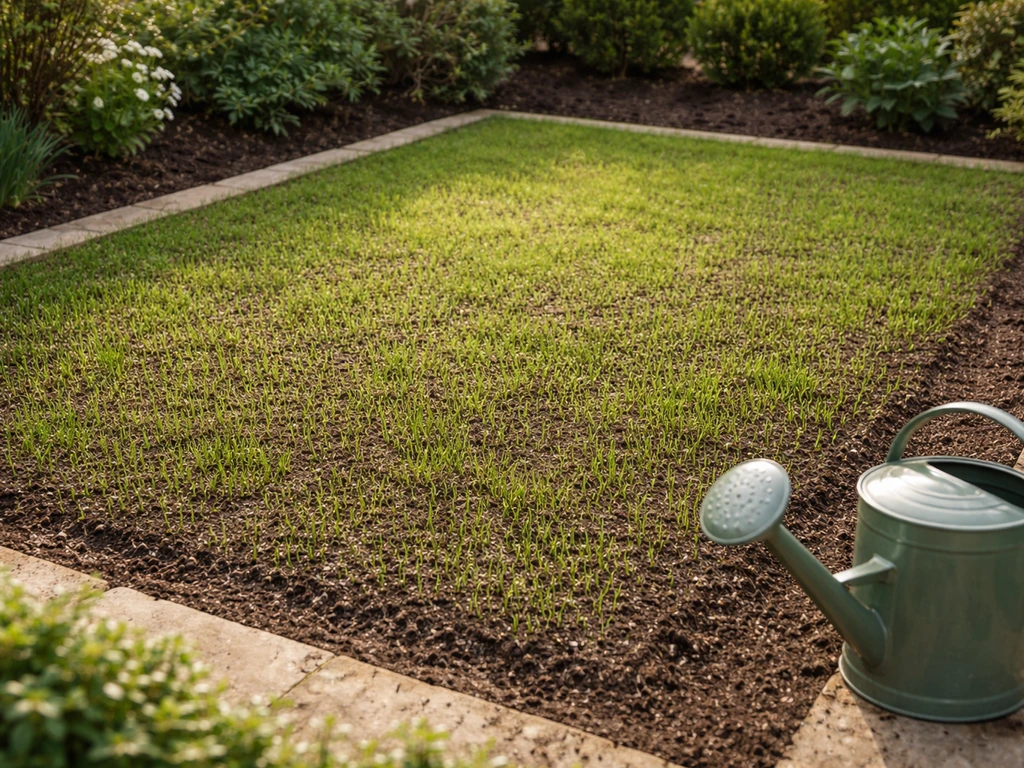 Jeune gazon fraîchement semé avec terre humide et quelques pousses vertes dans un jardin, arrosoir au sol