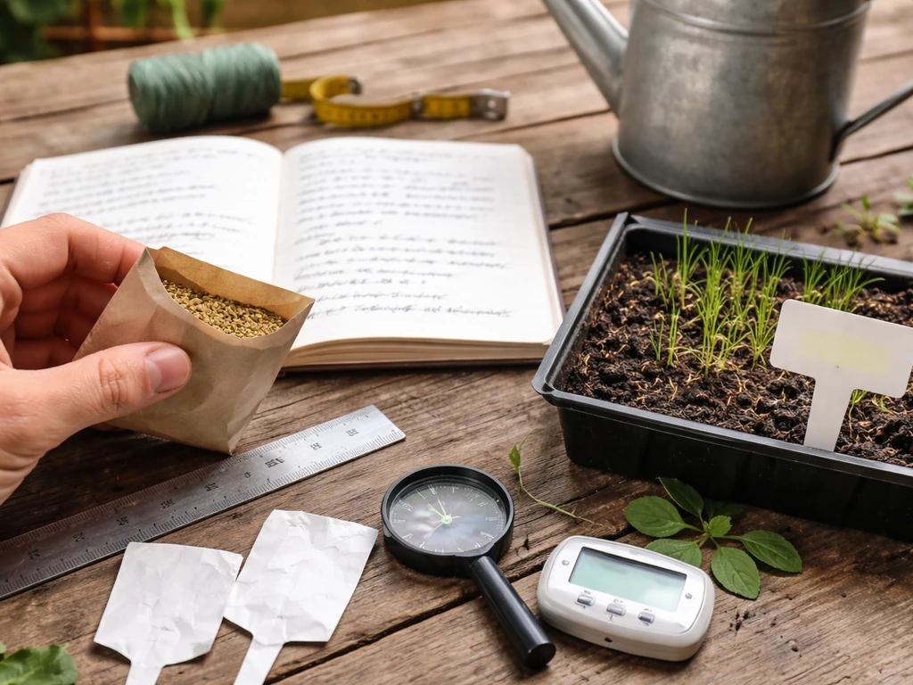 Table de jardinage avec loupe, carnet, semences et brins d’herbe pour illustrer l’analyse des avis.
