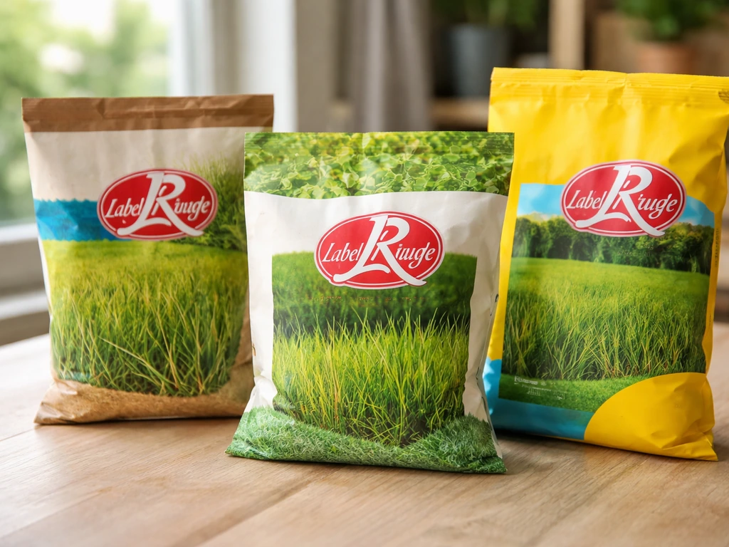 Sachets de semences de gazon Label Rouge et étiquettes de mélanges sur une table en bois, ambiance naturelle.