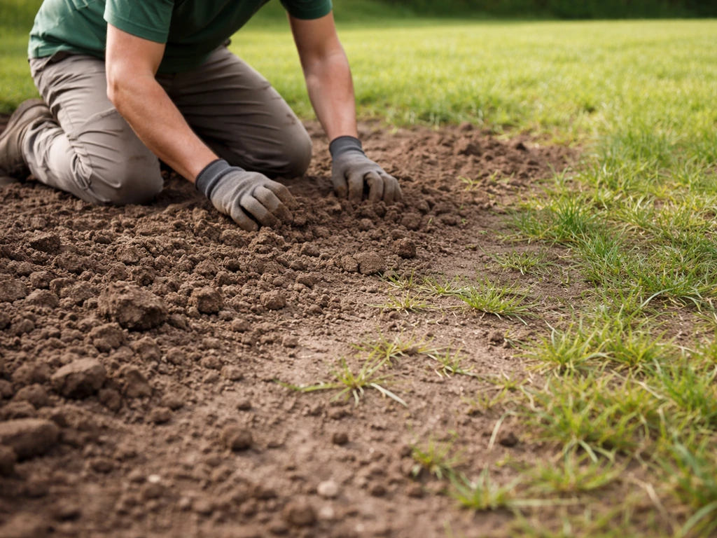 Jardinier prépare un sol de pelouse clairsemé avec terre grumeleuse et herbes concurrentes visibles.