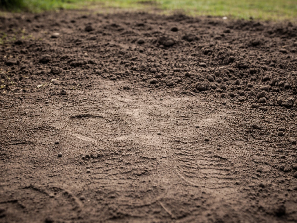 Gros plan d’un sol compacté et durci par piétinement, texture terre humide et surface lissée.