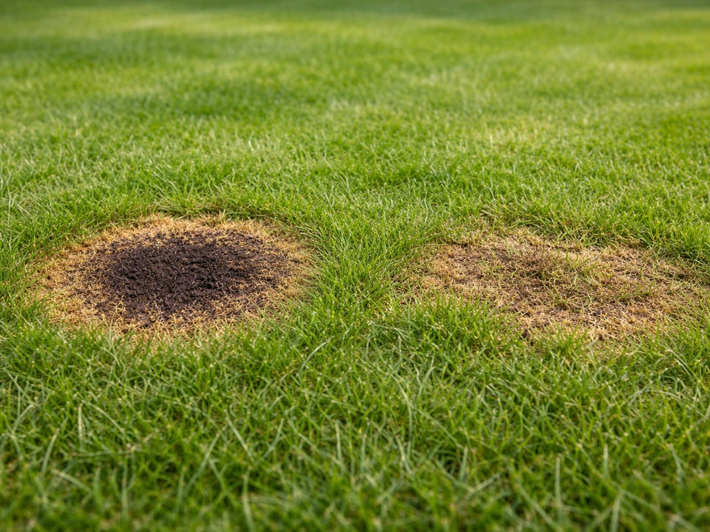 Pelouse avec zones brûlées : bord net et centre noircissant autour d’une couronne plus verte.