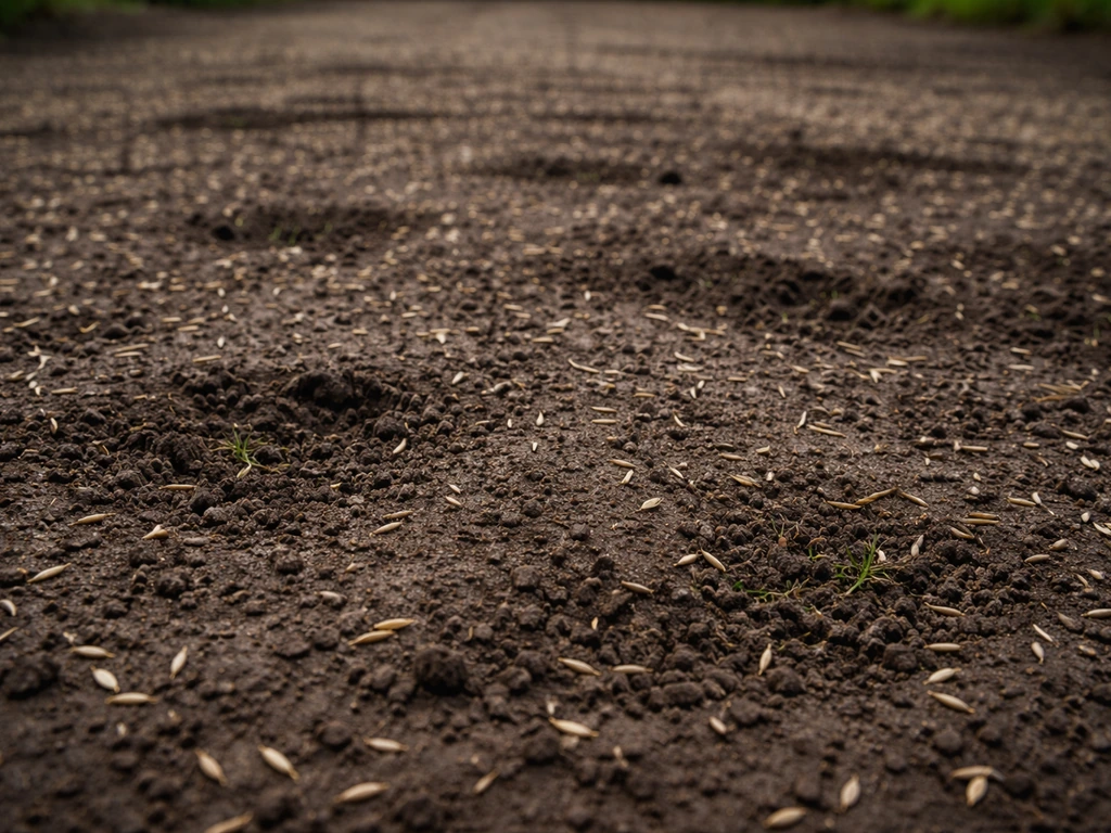 Gazon fraîchement semé sur sol apparent, zones sans herbe et petites graines visibles