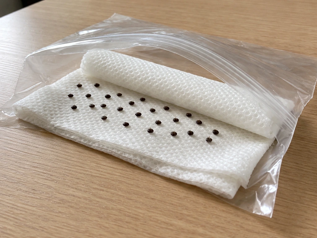 Graines sur papier absorbant humide, papier plié dans un sac transparent pour tester la germination.
