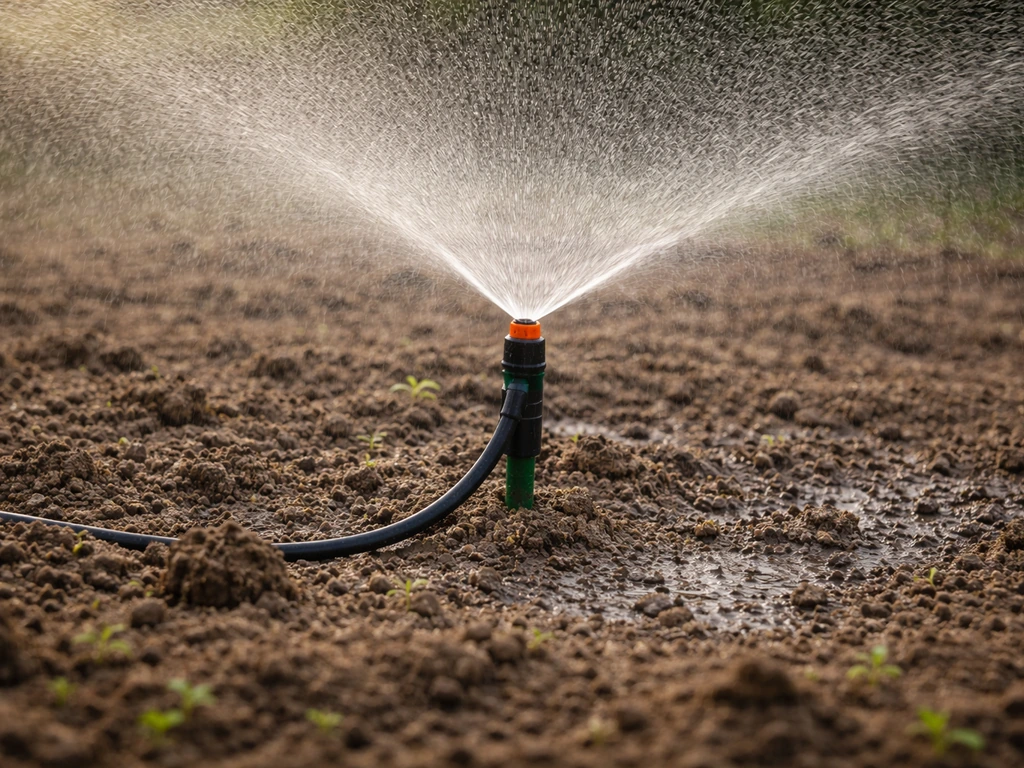 Arrosage fin et régulier : petit arroseur projetant un jet doux sur un sol de jardin légèrement humide.