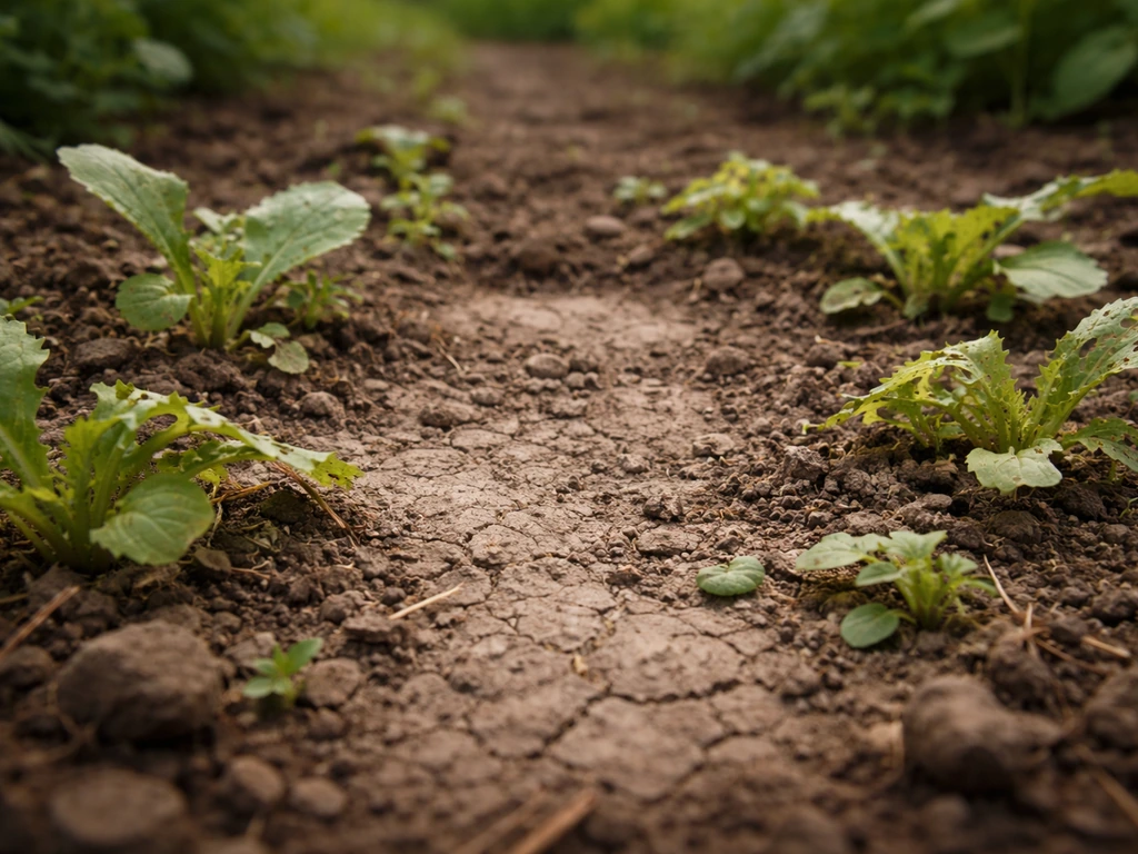 Semis clairsemé au potager, terre craquelée et feuilles rongées suggérant des pertes invisibles.