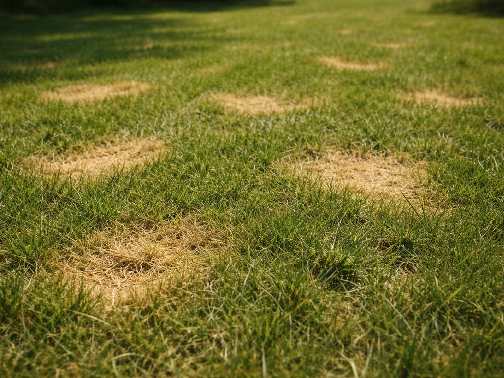 Gazon de jardin avec plusieurs plaques jaunies par endroits, aspect hétérogène en été.