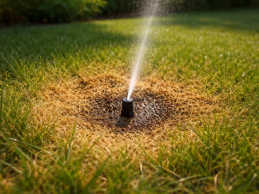 Arrosage ciblé d’une zone jaunie de pelouse : jet fin sans ruissellement, effet du stress hydrique.