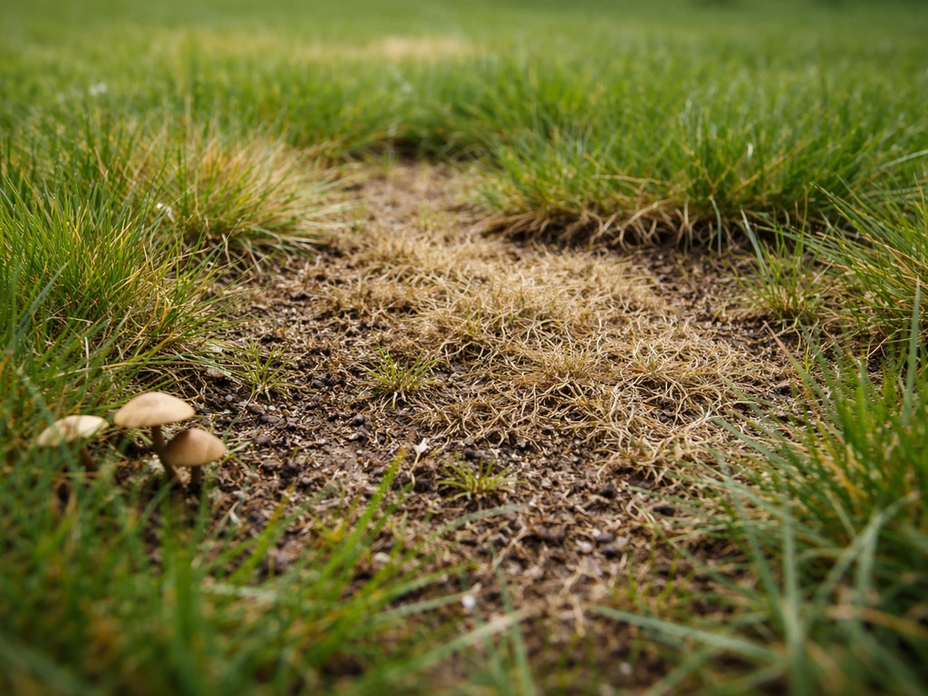 Pelouse avec taches irrégulières et zones brunies, micro-détails sur sol humide, indices d’attaque biologique.